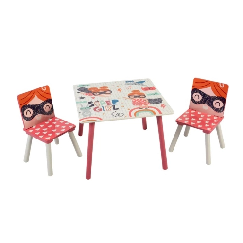 Дървена детска маса с два стола и розов цвят | PAT24955
