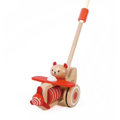 Детска дървена музикална играчка за бутане Мече със самолет | PAT28328
