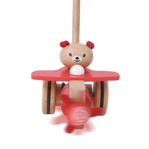 Детска дървена музикална играчка за бутане Мече със самолет  - 3