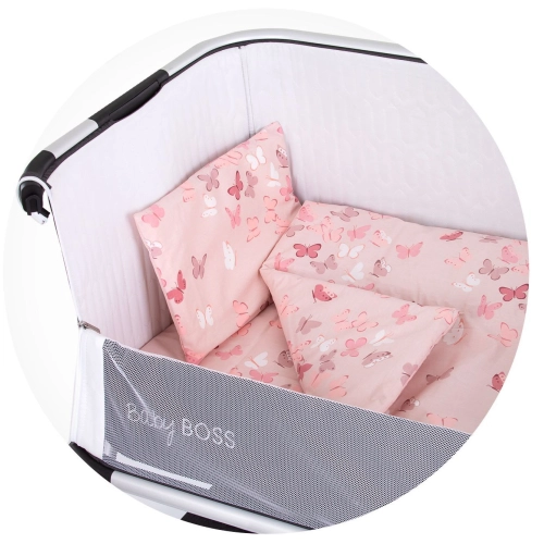 Бебешки розов спален комплект за мини кошара Пеперуди | PAT29089