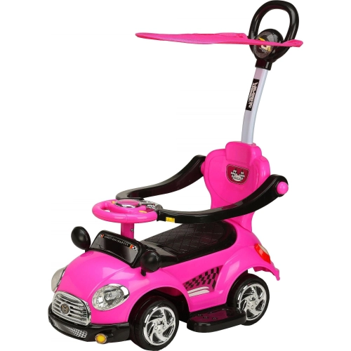 Детска розова кола за яздене с дръжка и сенник Super Car 