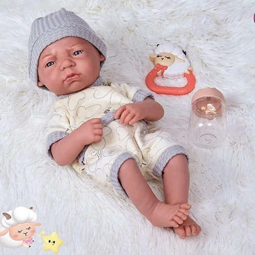 Детска кукла-бебе с пухкаво чувалче и сива шапка 35 cm  - 2