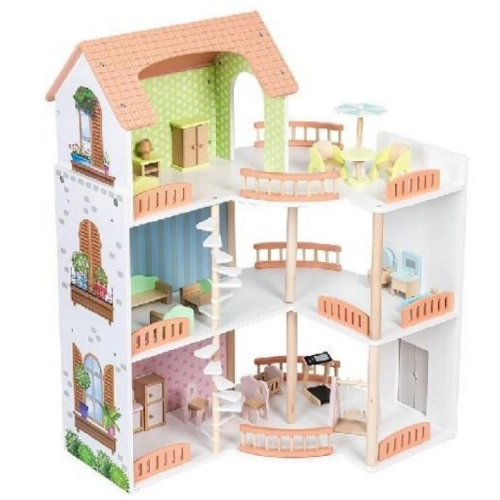 Детска дървена къща за кукли Вила на 3 етажа с аксесоари | PAT36354