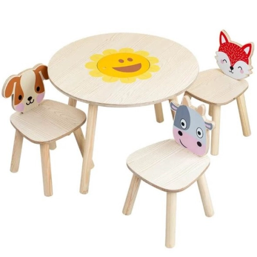 Детска дървена маса и 3 стола с животни | PAT36358