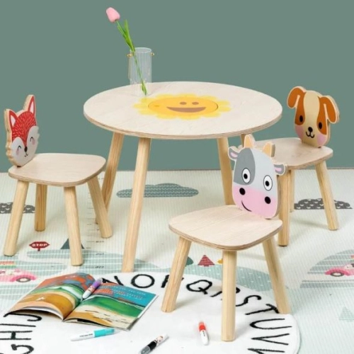 Детска дървена маса и 3 стола с животни | PAT36358