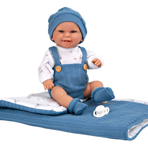 Детска кукла-бебе в морскосин гащеризон и спален чувал 33 см | PAT45267