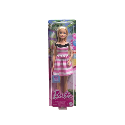 Детска колекционерска кукла с рокля с бели и розови райета | PAT45947