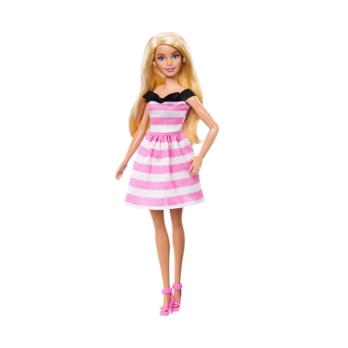 Детска колекционерска кукла с рокля с бели и розови райета | PAT45947