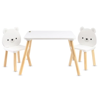 Комплект детска бяла дървена маса с 2 стола White Bears