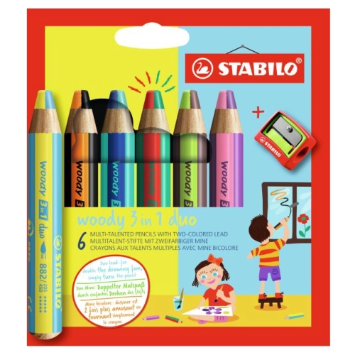 Комплект детски цветни моливи Woody 3в1 Duo 6 цвята+острилка PAT61510