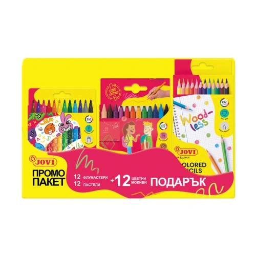 Промо комплект детски флумастери, пастели и моливи 12 цвята PAT67253