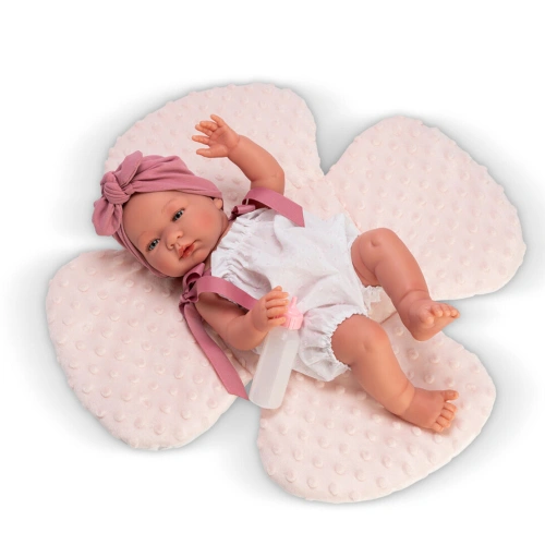 Кукла-бебе Мария с бял гащеризон и розова възглавница цвете  PAT68566