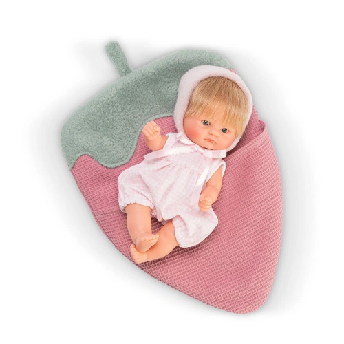 Детска кукла-бебе с розов гащеризон в чувалче ягодка PAT68569