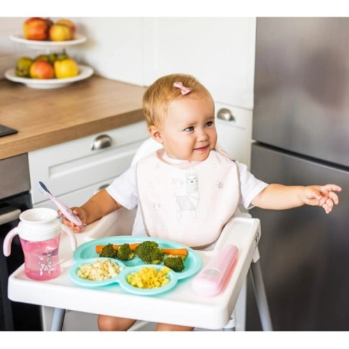 Розова силиконова бебешка лъжица с вакуумна основа в кутийка PAT70977