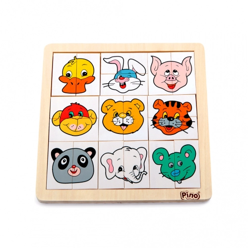 Детски дървен пъзел PINO Puzzle Animal Head 9 елемента с 2 части 
