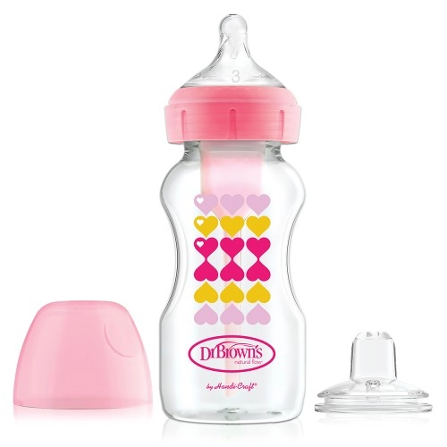 Преходно шише Dr.Browns Wide-Neck Options+ Pink Hearts 270ml | P84293