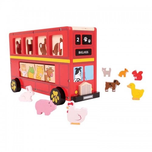 Детска дървена играчка BigJigs Red Bus Sorter Червен автобус | P88764