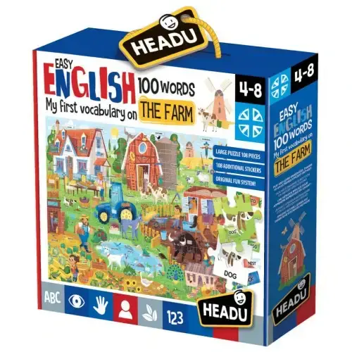 Детски сет Първи 100 английски думи-Двустранен пъзел Ферма Headu | P92476
