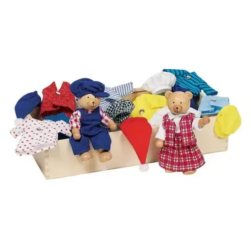 Детски комплект кукли Goki - Мечешко семейство в кутия с дрехи | P96636
