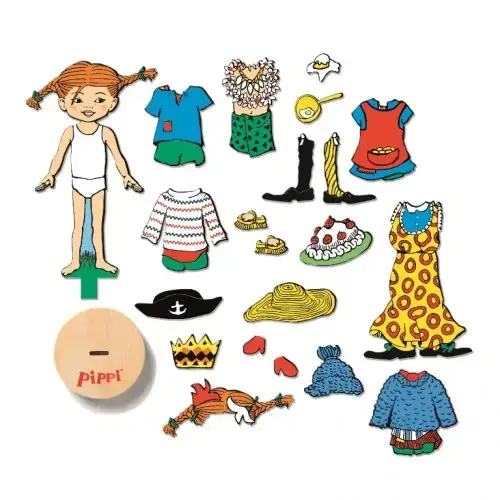 Магнитна дървена кукла с дрехи Micki, Пипи дългото чорапче | P97387