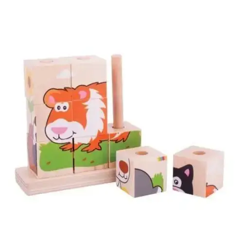 Детски дървени кубчета за нанизване BigJigs Домашни животни | P114224