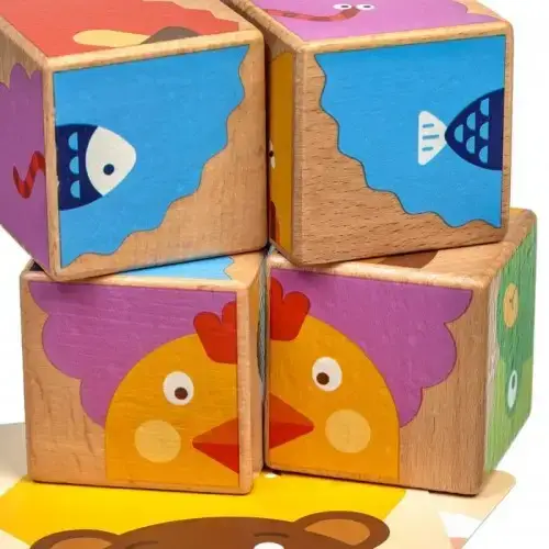 Дървени кубчета Lucy&Leo Кой какво яде?, 4 кубчета, 6 пъзела  - 6