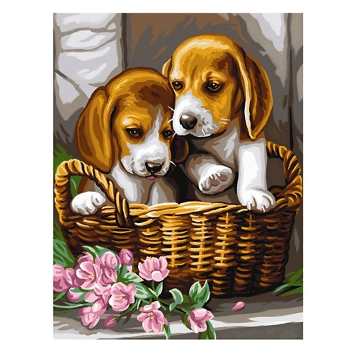Рисуване по номера с акрилни бои, Кученца в кошница, 1042 