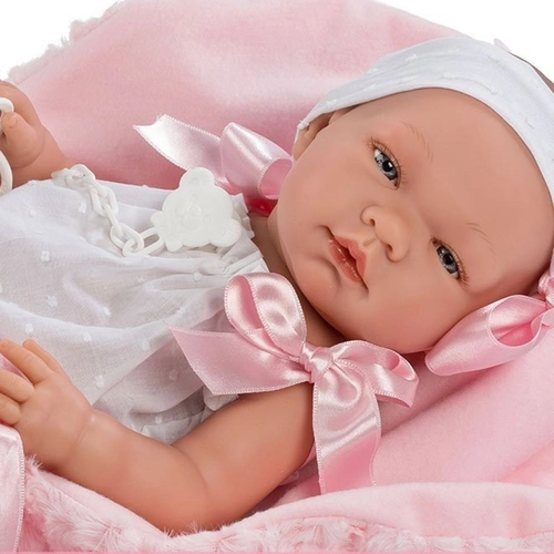 Кукла-бебе, Мария с бяло гащеризонче и розово одеяло | P1418398