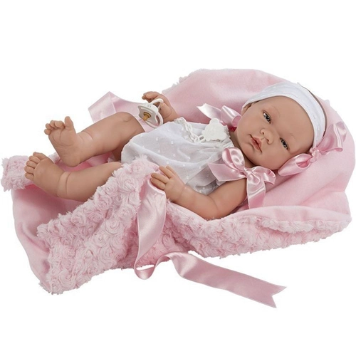 Кукла-бебе, Мария с бяло гащеризонче и розово одеяло | P1418398