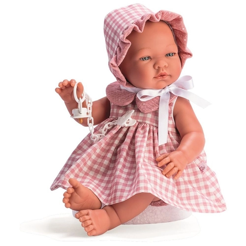 Детска кукла-бебе Мария с розова рокля и шапка на квадрати | PAT442