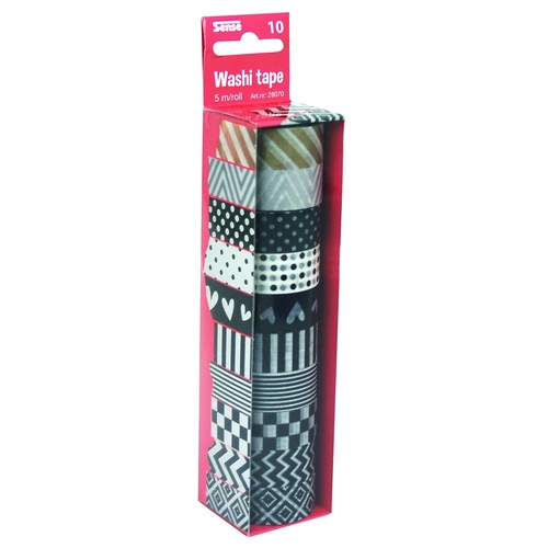 Декоративно тиксо Washi Tape, 8 броя черно-бели и 2 броя металик  - 2
