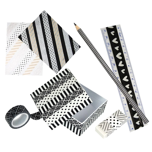 Декоративно тиксо Washi Tape, 8 броя черно-бели и 2 броя металик  - 3