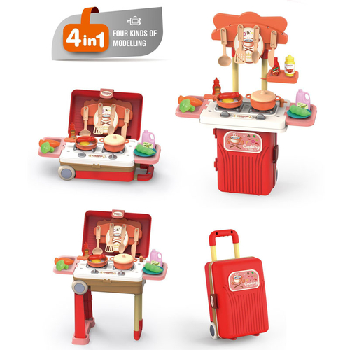 Детска червена кухня в куфар 4 в 1 19 части в кутия  | PAT1873