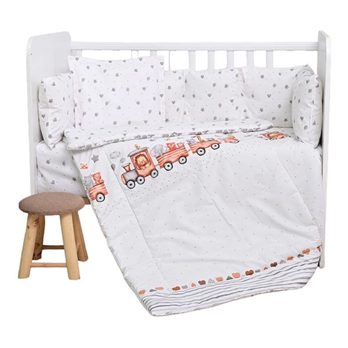 Детски сет за легло с голям обиколник Ранфорс Влакче Сив 5 части | PAT4725