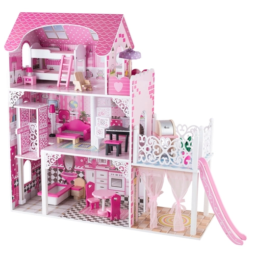 Детска розова дървена къща за кукли 3 нива и тераса Victoria PAT67912