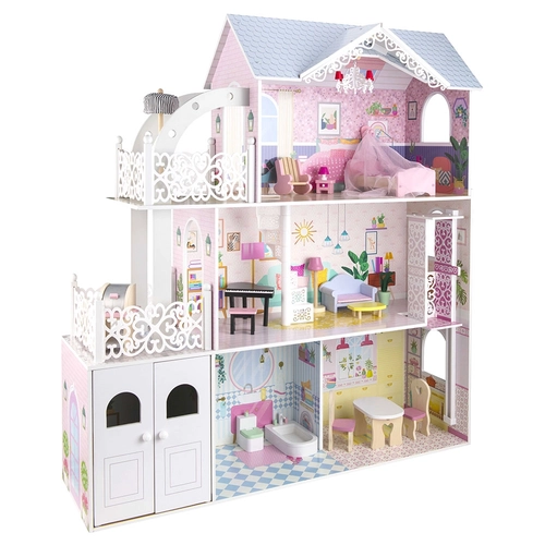 Детска голяма дървена къща за кукли с мебели и аксесоари Ния PAT68001