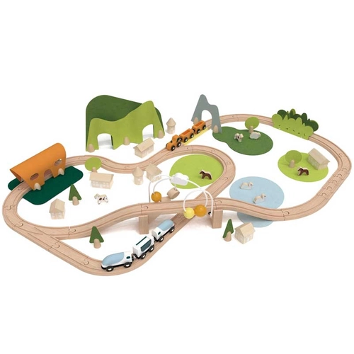 Детски дървен комплект Влакче с релси в гората от 100 части PAT73994