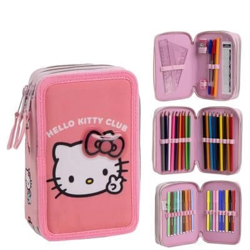 Розов пълен детски ученически несесер с 3 ципа Hello Kitty PAT77795